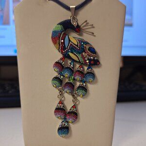 Mosaico Sterling Silver and Hand Beaded Peacock Necklace